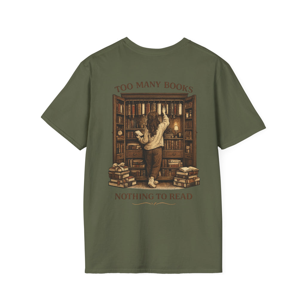 Too many books, nothing to wear Backprint T-shirt